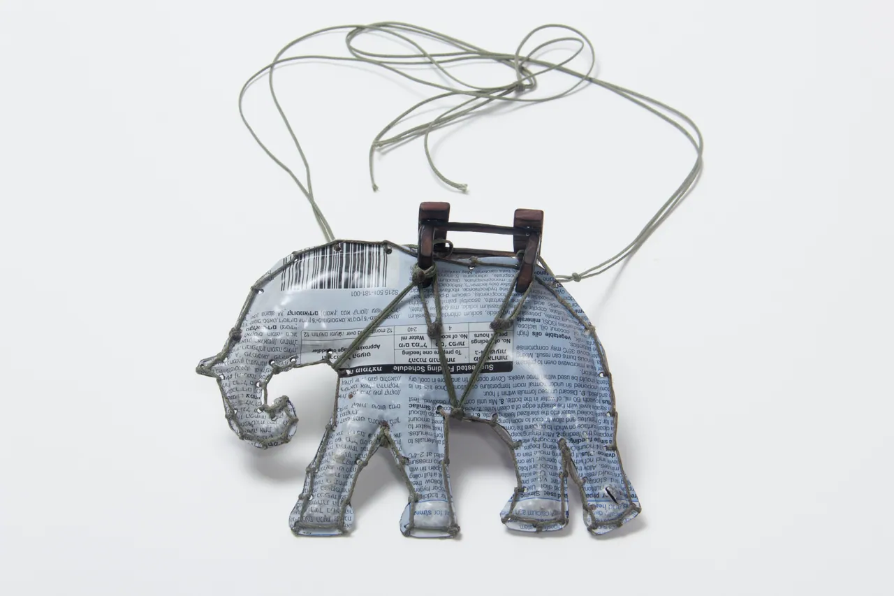 Elephant I, Pendant, Readymade, Textile strings, Wood