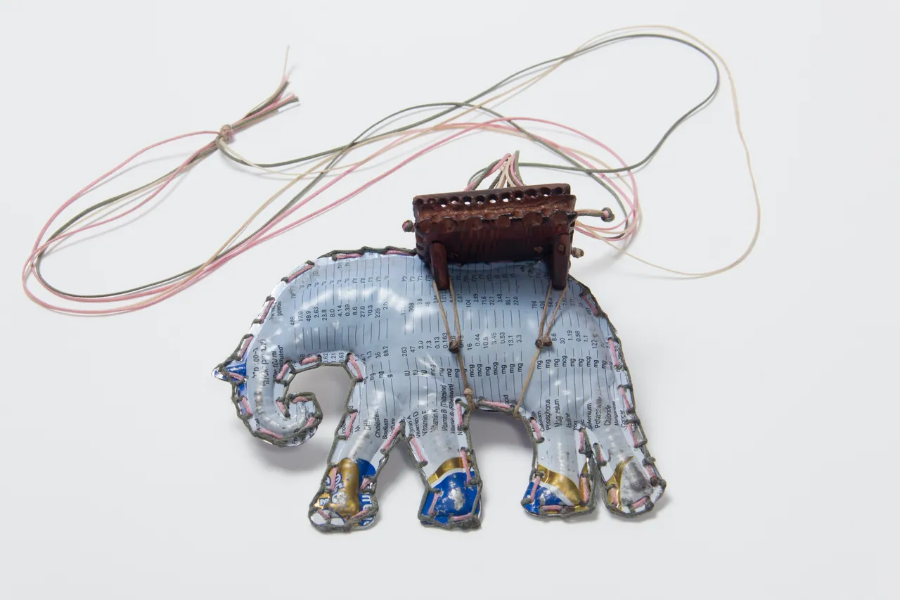 Elephant II, Pendant, Readymade, Textile strings, Wood